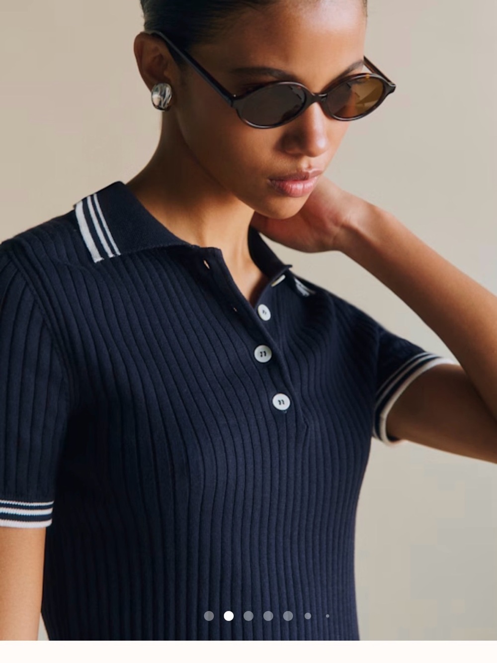 Sezane Jean Sweater in Navy - Ribbed Polo Top in Navy with White Trim